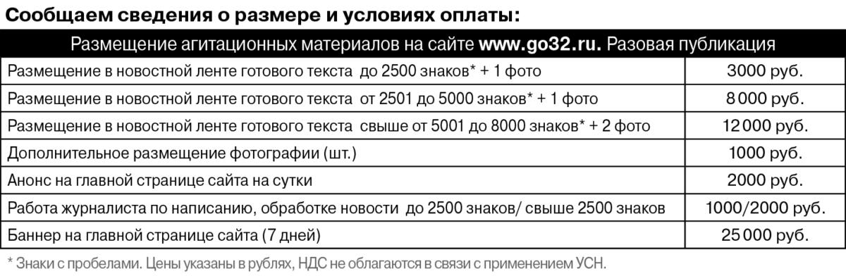 Размещение агитационных материалов на странице сетевого издания GOROD32 www.go32.ru