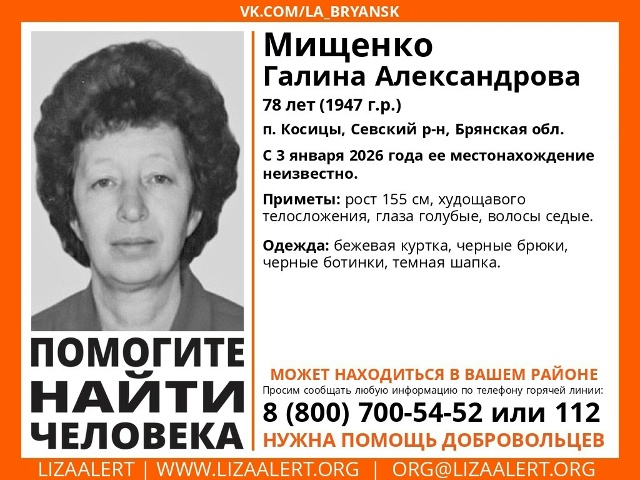 Волонтёры и полиция ищут 78-летнюю жительницу Севского района
