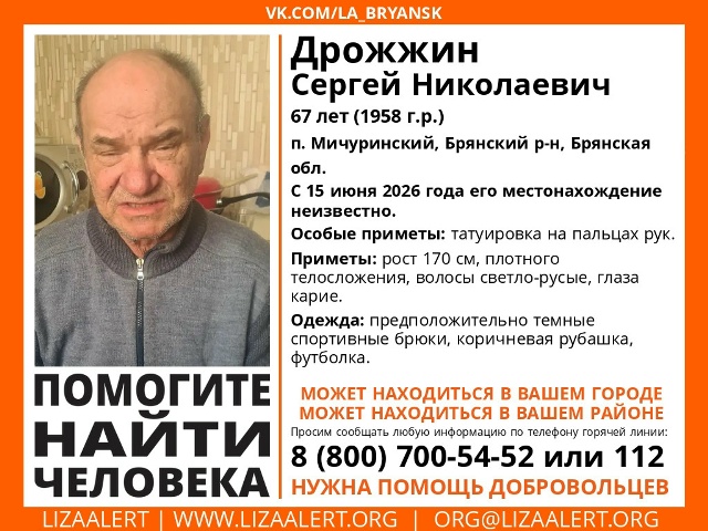 67-летний мужчина пропал в Брянском районе